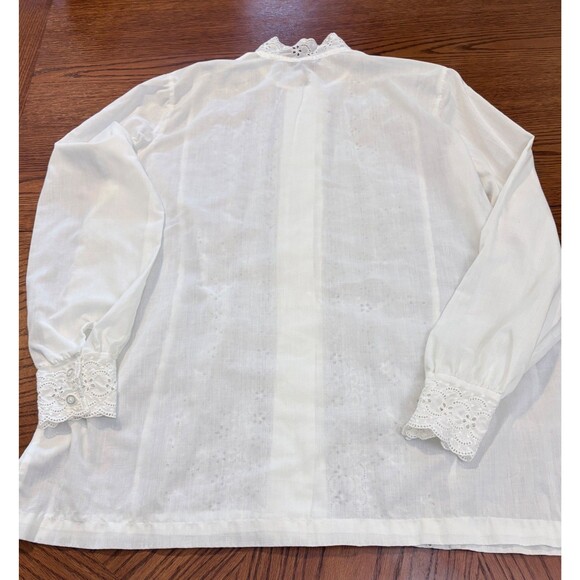 Source Unknown Tops - Vintage High Neck White Eyelet Blouse - Size 16 - Long-Line Tall Friendly 29" L